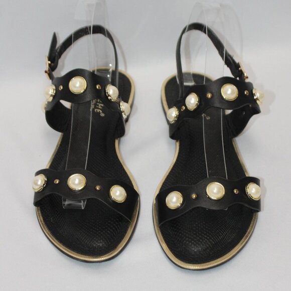 Extreme By Eddie Marc Shoes - Extreme by Eddie Marc Black Sandals with Golden and Faux Pearl Accents